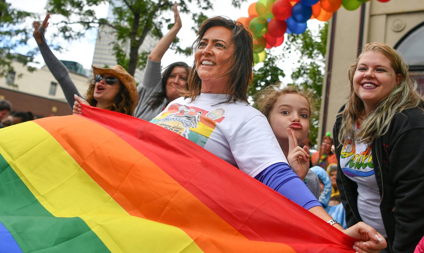 Minneapolis Police Chief Jane&#xe9; Harteau posed for photos in the Pride parade down Hennepin Ave, Minneapolis. ] GLEN STUBBE &#x2022; glen.stubbe@startribune.com Sunday June 25, 2017 Coverage of annual Twin Cities Gay Pride Parade. Goes down Hennepin. News things to watch for are the aftermath of the cops being disinvited from marching (as of this writing, the parade organizers still hadn't reversed their decision. If they do, that will be good to get shots of the police contingent in the para