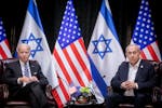 U.S. President Joe Biden (left), sits with Israeli Prime Minister Benjamin Netanyahu, at the start of the Israeli war cabinet meeting, in Tel Aviv on 
