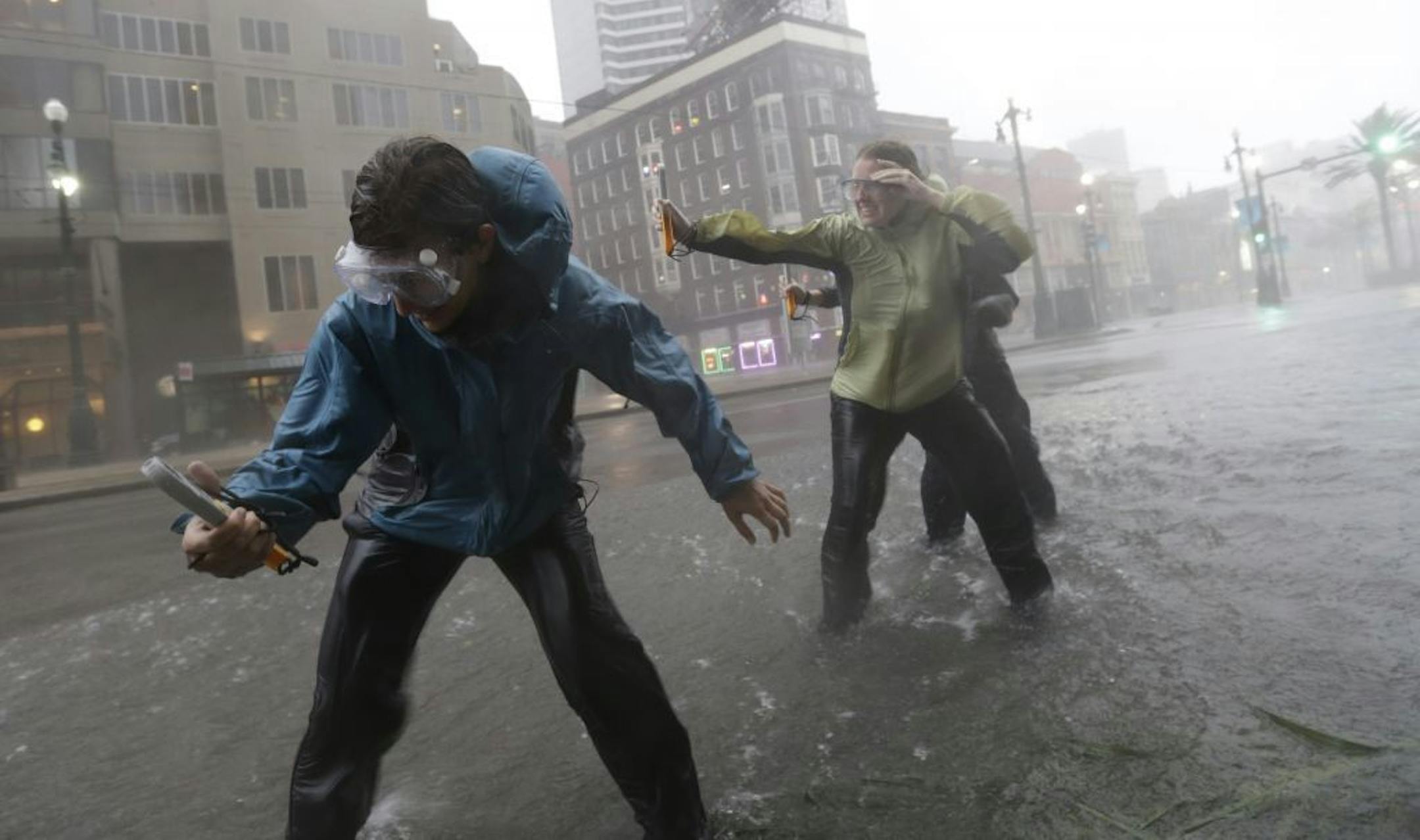 Research students from the the University of Alabama measure wind speeds as Hurricane Isaac makes landfall, Wednesday, Aug. 29, 2012, in New Orleans, La. Isaac was packing 80 mph winds.