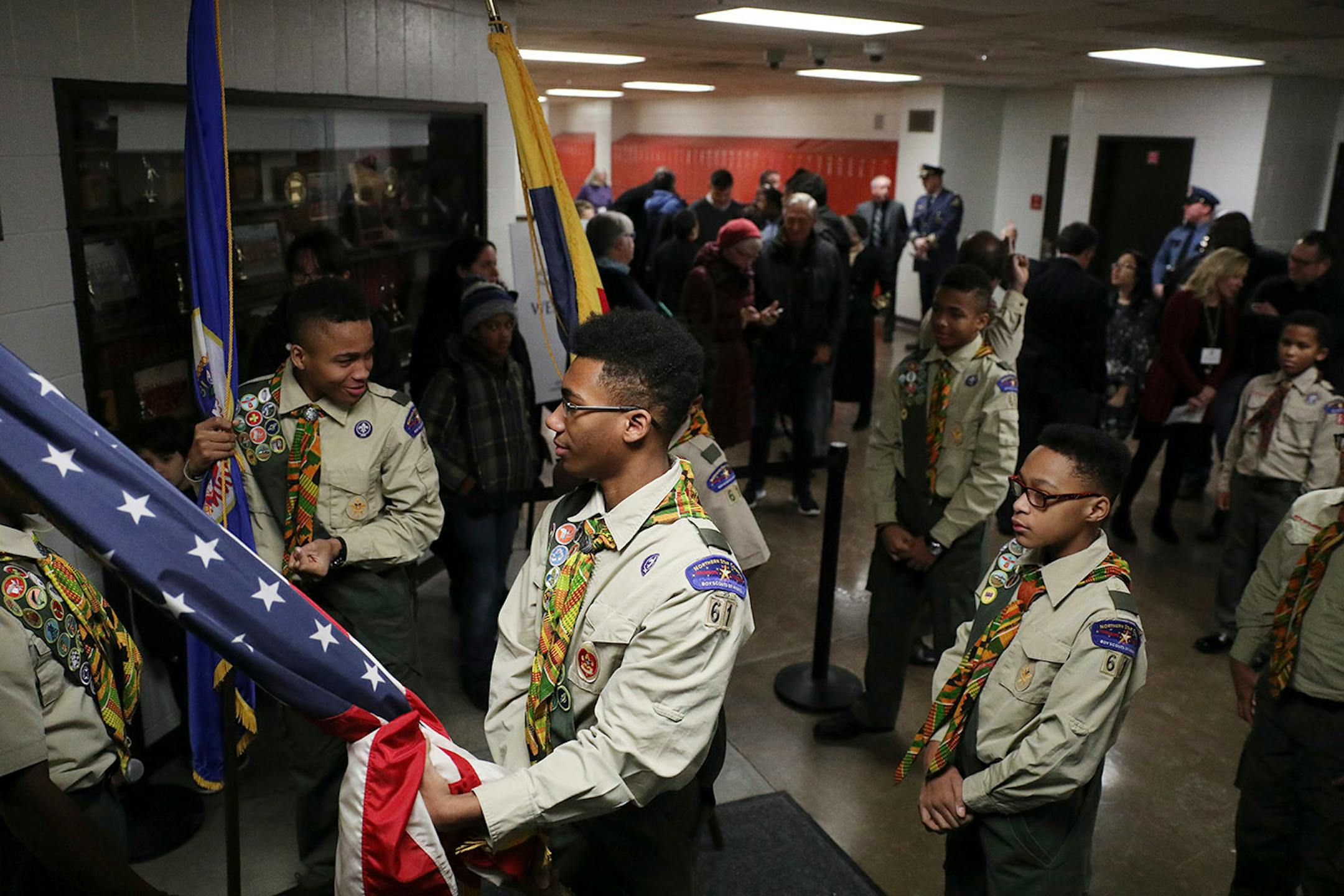 A group of boy scouts waited to practice the presentation of colors prior to Melvin Carter's swearing in ceremony as St. Paul mayor.