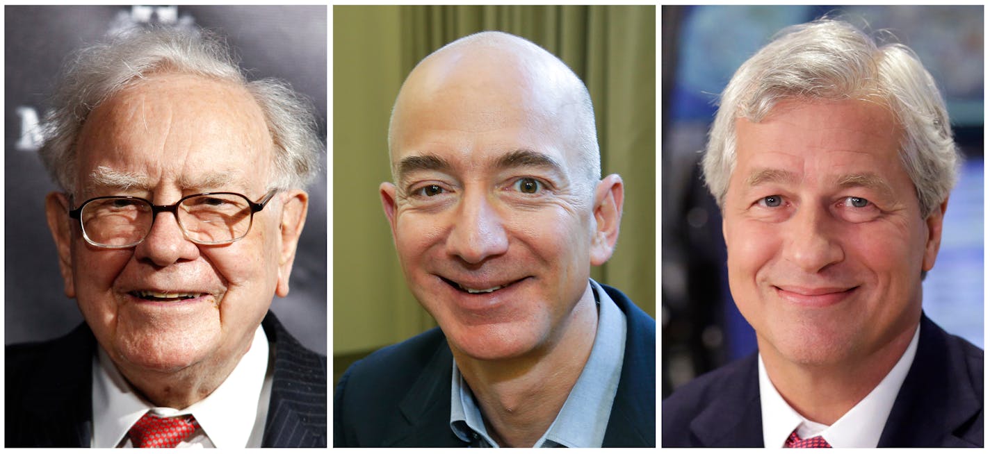 This combination of photos from left shows Warren Buffett on Sept. 19, 2017, in New York, Jeff Bezos, CEO of Amazon.com, on Sept. 24, 2013, in Seattle and JP Morgan Chase Chairman and CEO Jamie Dimon on July 12, 2013, in New York. Buffett�s Berkshire Hathaway, Amazon and the New York bank JPMorgan Chase are teaming up to create a health care company announced Tuesday, Jan. 30, 2018, that is "free from profit-making incentives and constraints." (AP Photos)