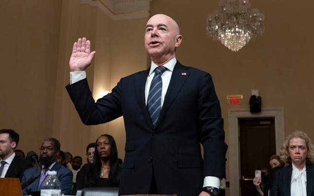 Homeland Security Secretary Alejandro Mayorkas is sworn-in before the House Committee on Homeland Security during a hearing on "A Review of the Fiscal