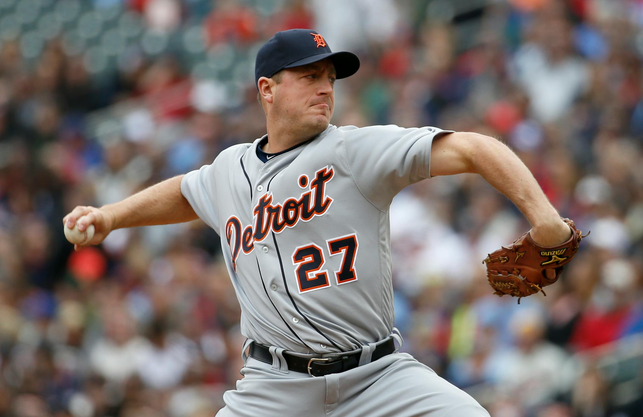 Detroit Tigers starting pitcher Jordan Zimmermann (27) delivers to the Minnesota Twins during the first inning of a baseball game in Minneapolis, Saturday, April 30, 2016. (AP Photo/Ann Heisenfelt)