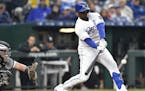 Royals' Jorge Soler sixth inning hit drove in Whit Merrifield during the Kansas City Royals opening day game against the Chicago White Sox at Kauffman