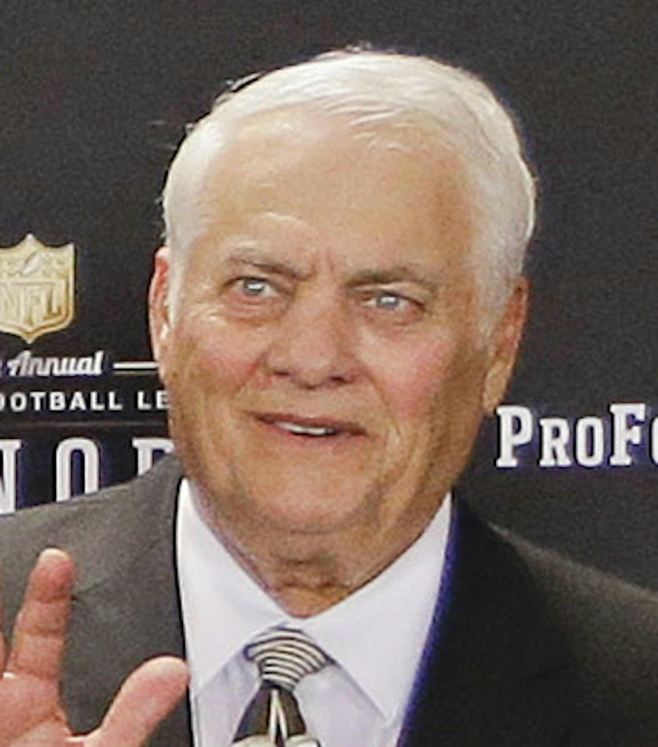 Members of the NFL Pro Football Hall of Fame class of 2015 are introduced Saturday, Jan. 31, 2015, in Tempe, Ariz. From left are running back Jerome Bettis; wide receiver Tim Brown; defensive end and linebacker Charles Haley; Bill Polian; Tyler Seau, son of the late linebacker Junior Seau, on behalf of his father; guard Will Shields; center Mick Tingelhoff; and Ron Wolf. (AP Photo/Mark Humphrey) ORG XMIT: AZMH102