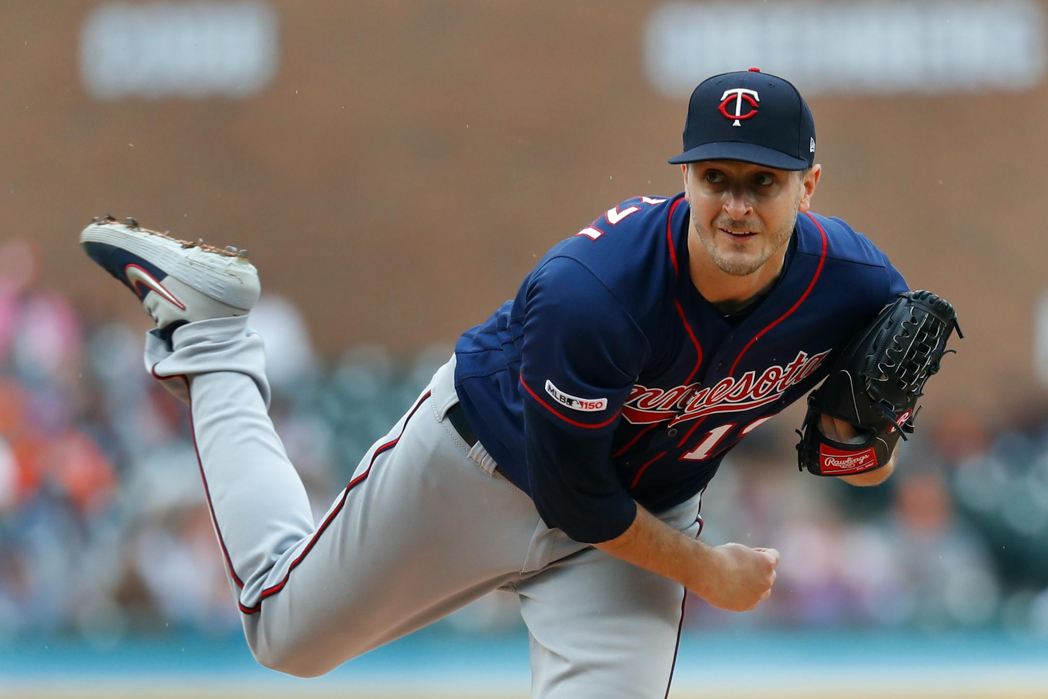 Minnesota Twins pitcher Jake Odorizzi throws against the Detroit Tigers in the first inning of a baseball game in Detroit, Sunday, June 9, 2019. (AP Photo/Paul Sancya)