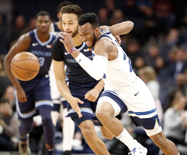 Minnesota Timberwolves guard Josh Okogie (20) and Memphis Grizzlies forward Kyle Anderson (1) chase a loose ball during the first half.