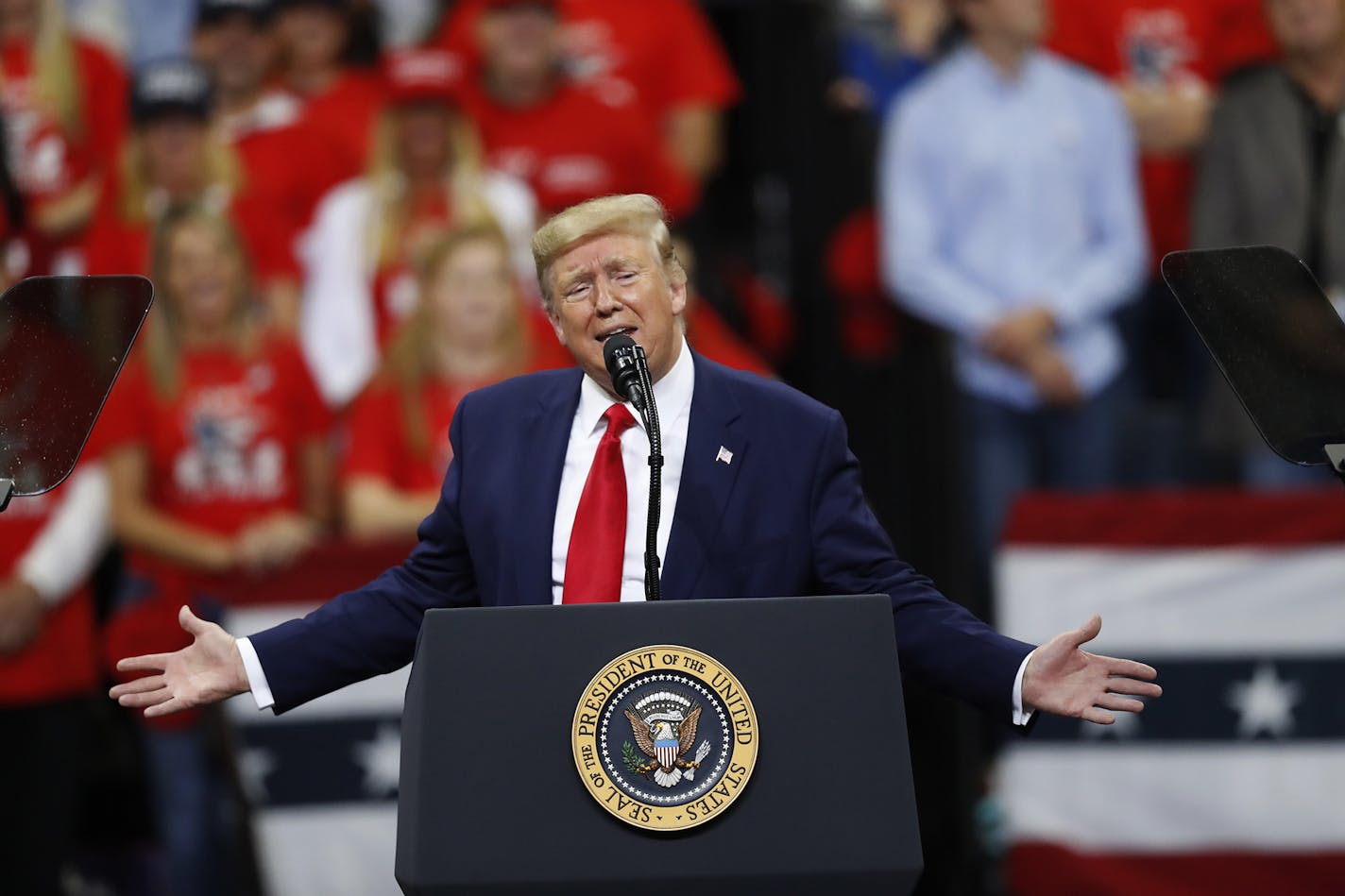 President Donald Trump addressed supporters during a campaign rally at the Target Center in Minneapolis on Oct. 10, 2019.