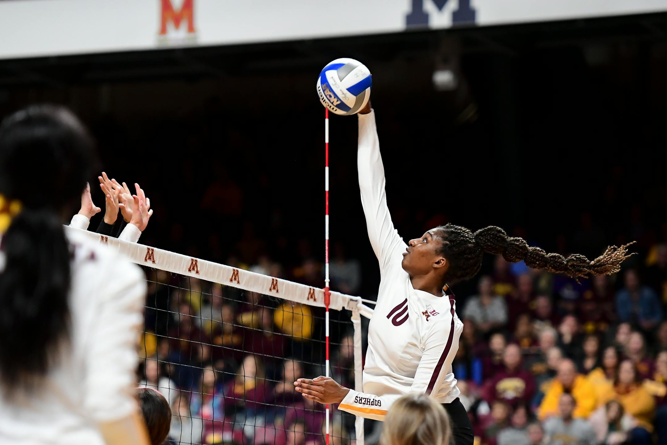 Gophers opposite Stephanie Samedy scored a point against Fairfield during the first set.