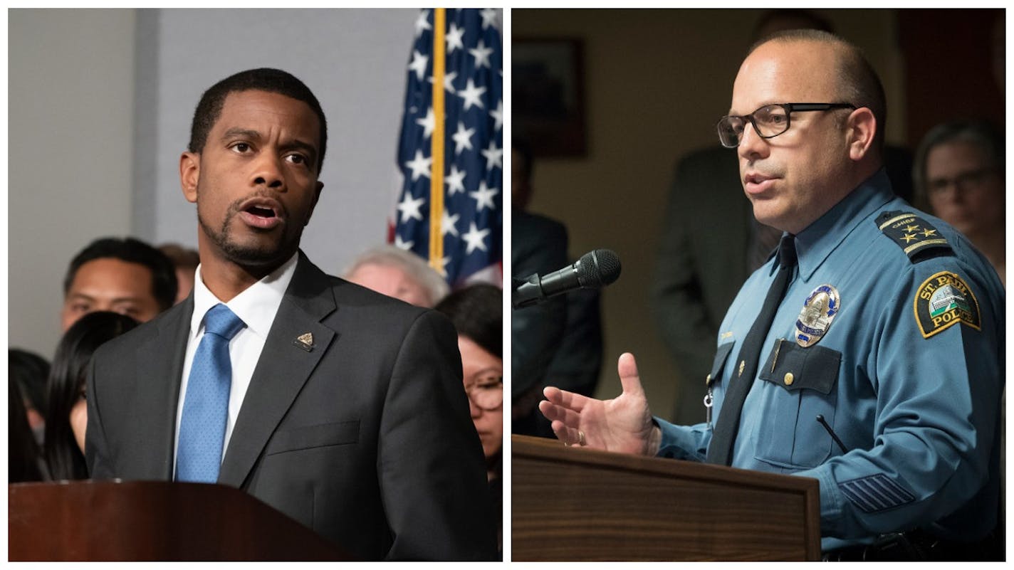 St. Paul Mayor Melvin Carter and Police Chief Todd Axtell were scheduled to speak at the police review commission's annual summit in St. Paul on Tuesday.