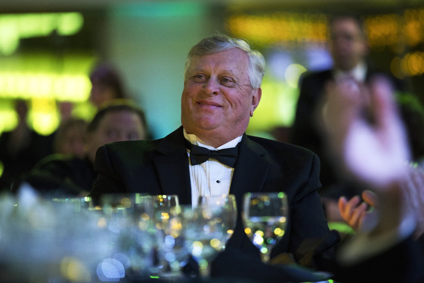 Tom Barnard listens to WQRS General Manager Scott Jameson introduce him during the 2017 Radio Hall of Fame induction at the Museum of Broadcast Communications on Thursday, November 2, 2017 in Chicago. Photo by John Konstantaras for the Star Tribune | http://JohnKonPhoto.com