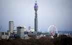 FILE - View of the BT Tower from Primrose Hill, in London, March 29, 2020.