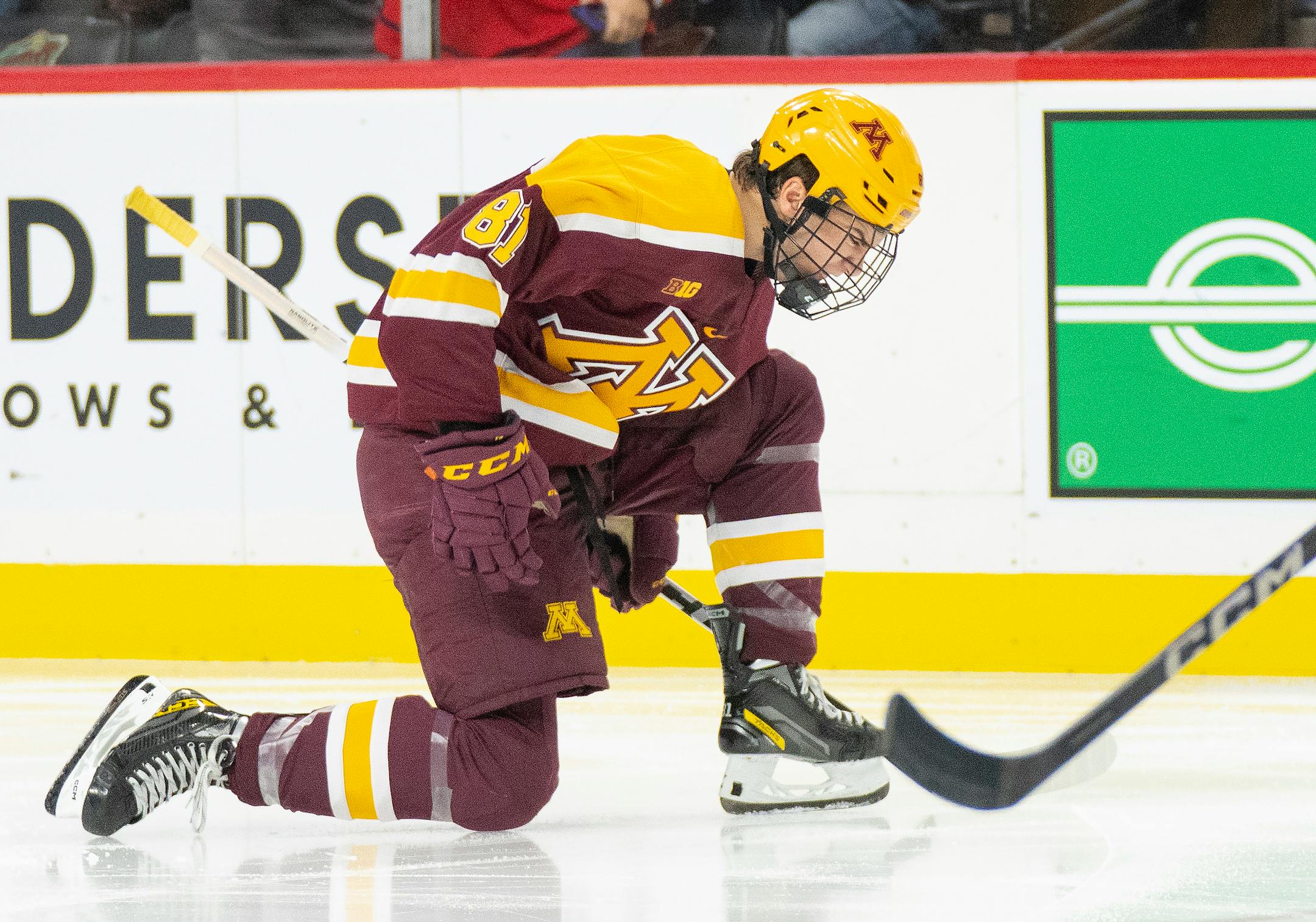 Minnesota forward Jimmy Snuggerud (81) celebrates after scoring a goal against St. Thomas in the third period Friday, Oct. 13, 2023, at Xcel Energy Arena in St. Paul, Minn. ]
