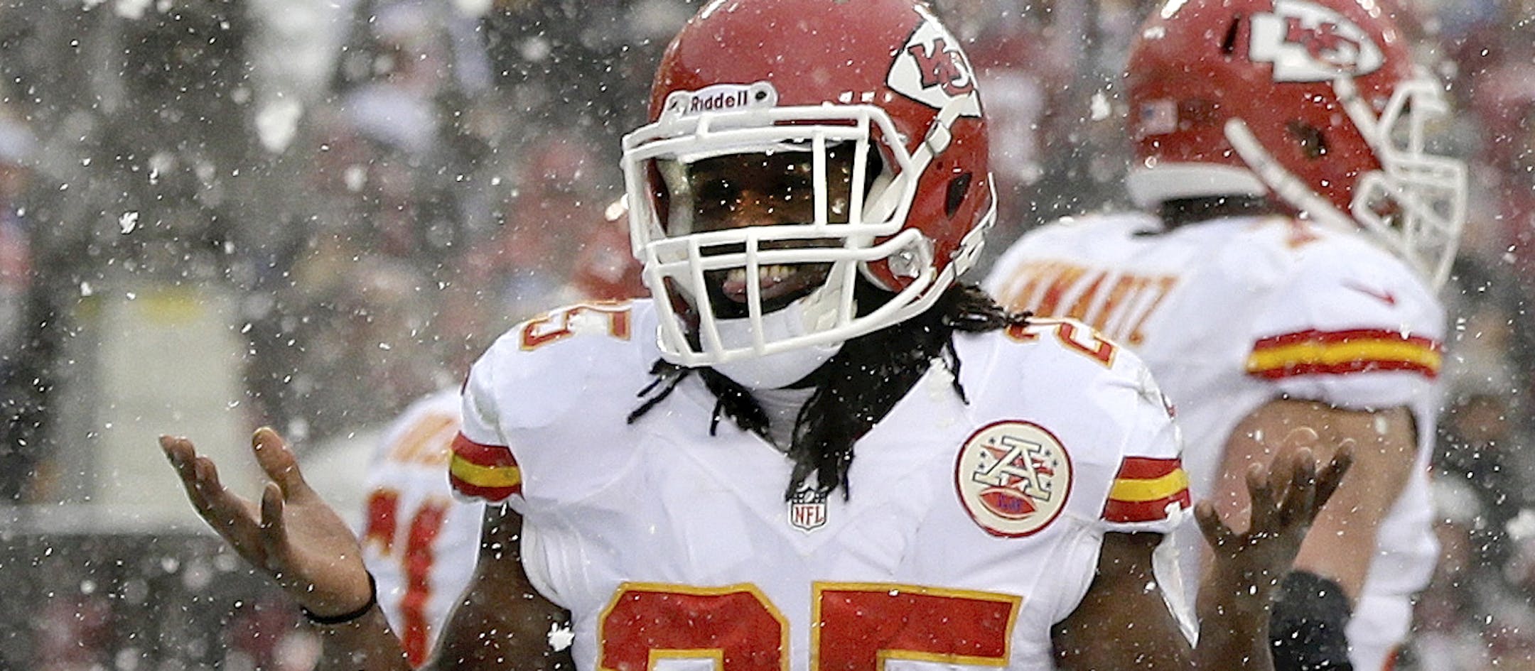 Kansas City Chiefs running back Jamaal Charles reacts to the crowd after his touchdown during the first half of an NFL football game against the Washington Redskins in Landover, Md. Sunday, Dec. 8, 2013. (AP Photo/Pablo Martinez Monsivais)