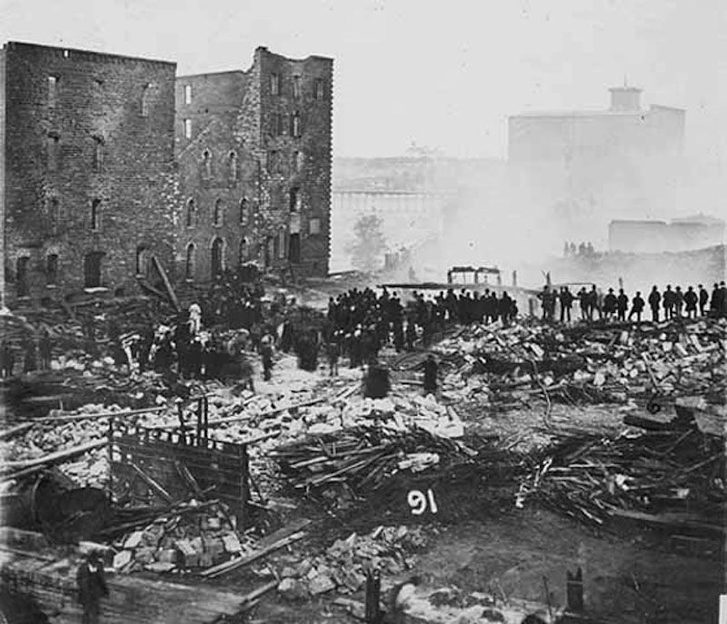 Ruins of Washburn A. Mill afer explosion, Minneapolis 1878. Minnesota Historical Society