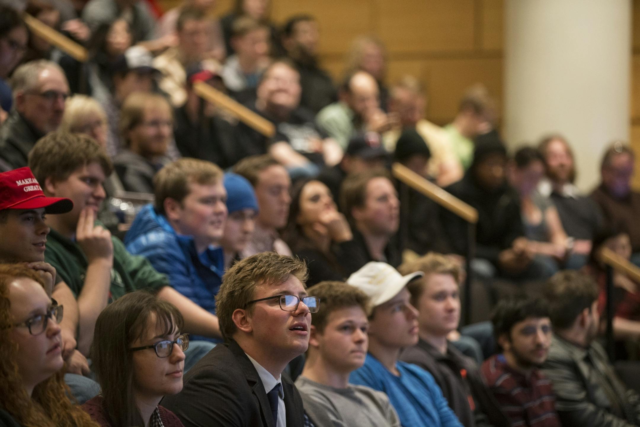The crowd listens during a talk by Milo Yiannopoulos and Christina Hoff Sommers at the Humphrey Institute of Public Affairs on the campus of the University of Minnesota in Minneapolis on Wednesday, February 17, 2016.