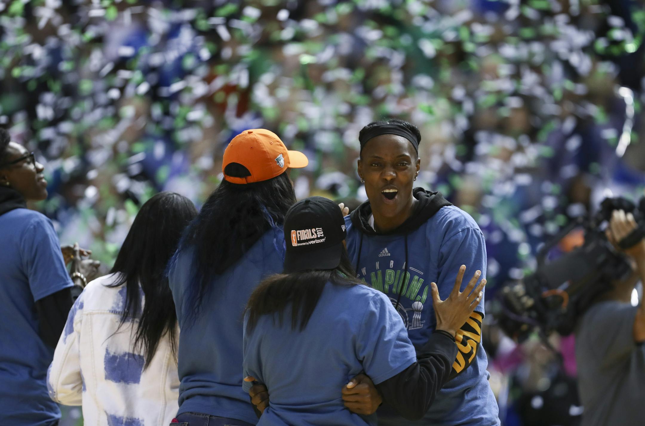 Minnesota Lynx center Sylvia Fowles, facing camera, celebrated with Lynx guard Renee Montgomery as confetti fell in the Williams Arena and the players started dancing. ] JEFF WHEELER ï jeff.wheeler@startribune.com The Minnesota Lynx celebrated their fourth WNBA championship with a parade on University Ave. culminating with a rally at Williams Arena Thursday night, October 5, 2017 in Minneapolis.