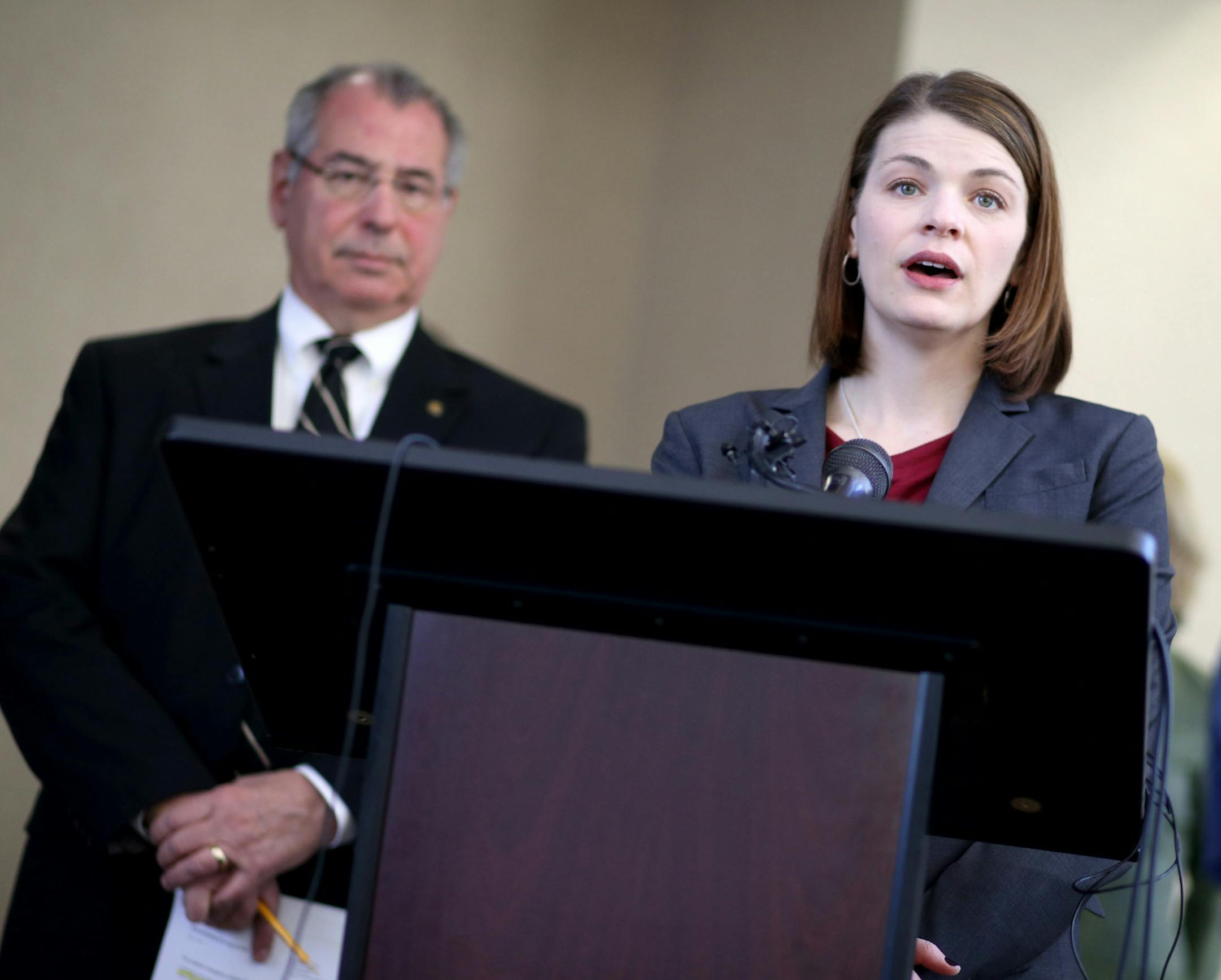 Minnesota Department of Revenue Commissioner Cynthia Bauerly and Hennepin County Attorney Mike Freeman announced more than 50 charges against a tax preparer who bilked the state out of more than $1.7 million in tax revenues by submitting fraudulent tax returns on behalf of clients. Here, Bauerly addressed media members as Freeman looked on at the Government Center Thursday, Feb. 5, 2015, in Minneapolis, MN.](DAVID JOLES/STARTRIBUNE)djoles@startribune.com Minnesota Department of Revenue Commissio