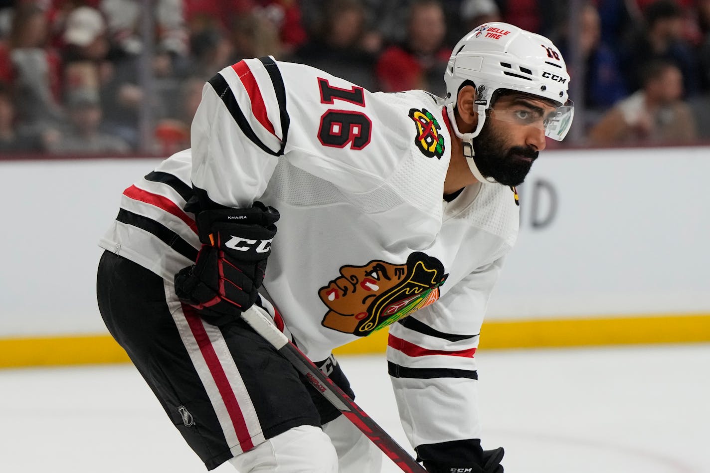 Chicago Blackhawks left wing Jujhar Khaira (16) in the first period during an NHL hockey game against the Arizona Coyotes, Tuesday, Feb. 28, 2023, in Tempe, Ariz. (AP Photo/Rick Scuteri)