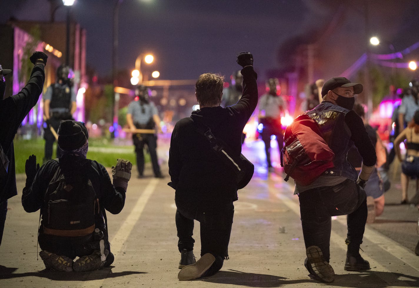 Demonstrators held their ground as Minneapolis Police sought to push them south on Minnehaha Ave. late Wednesday night. ] JEFF WHEELER • Jeff.Wheeler@startribune.com Demonstrators protesting the killing of George Floyd were pushed away from the area around the Third Precinct Station and the Lakes St,. business as reports of looting circulated Wednesday night, May 27, 2020.