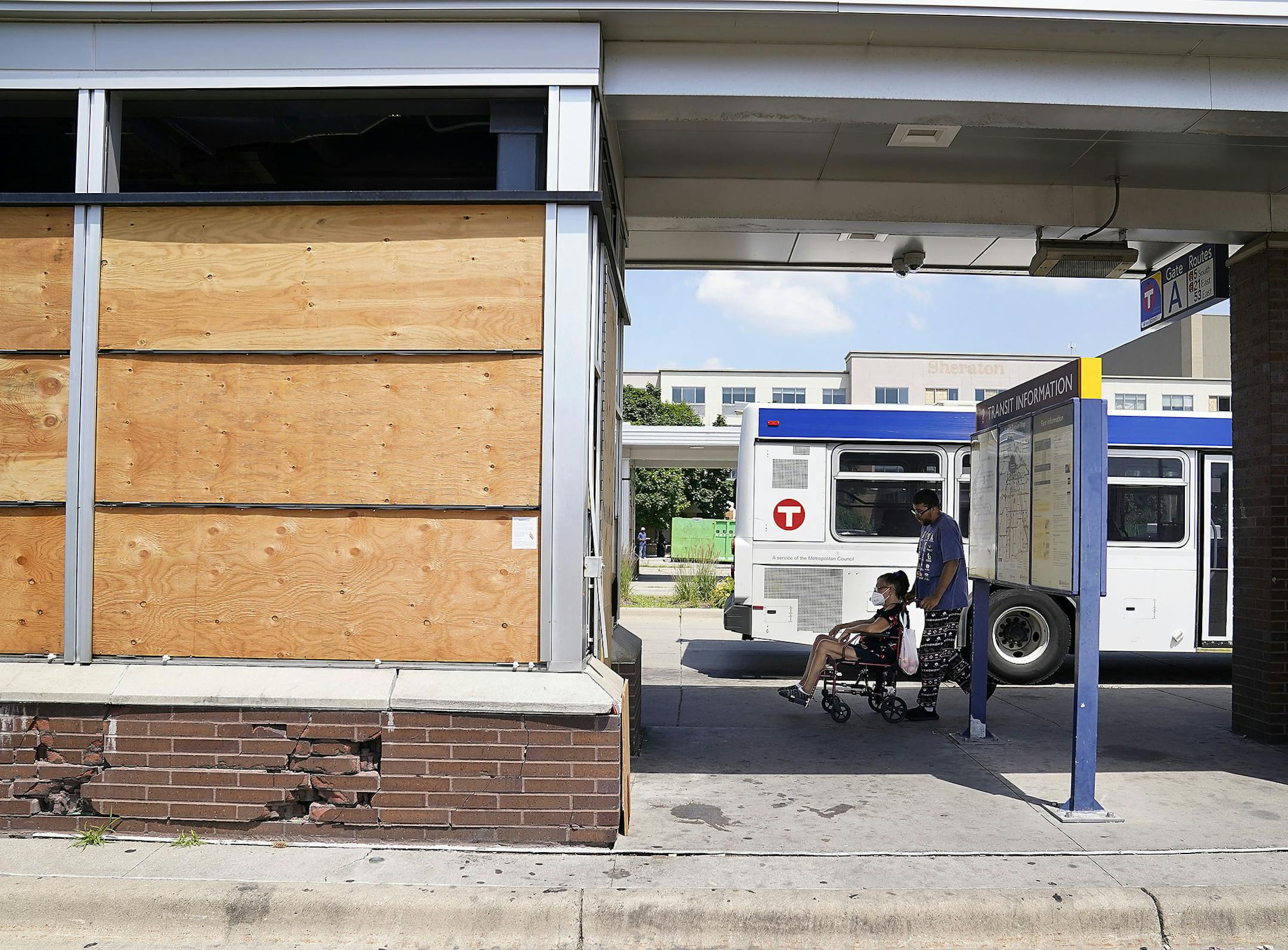 Windows broken out and boarded up following the killing of George Floyd and the unrest that ensued at the Transit Center on Chicago Avenue near Lake St. Thursday in Minneapolis.] DAVID JOLES • david.joles@startribune.com Improvements to bus service along the Twin Cities' busiest transit corridors have stalled as lawmakers try to sort out a bonding bill at the Capitol. The proposed B and D rapid bus projects also travel along areas struggling to recover following the unrest related to George Floy