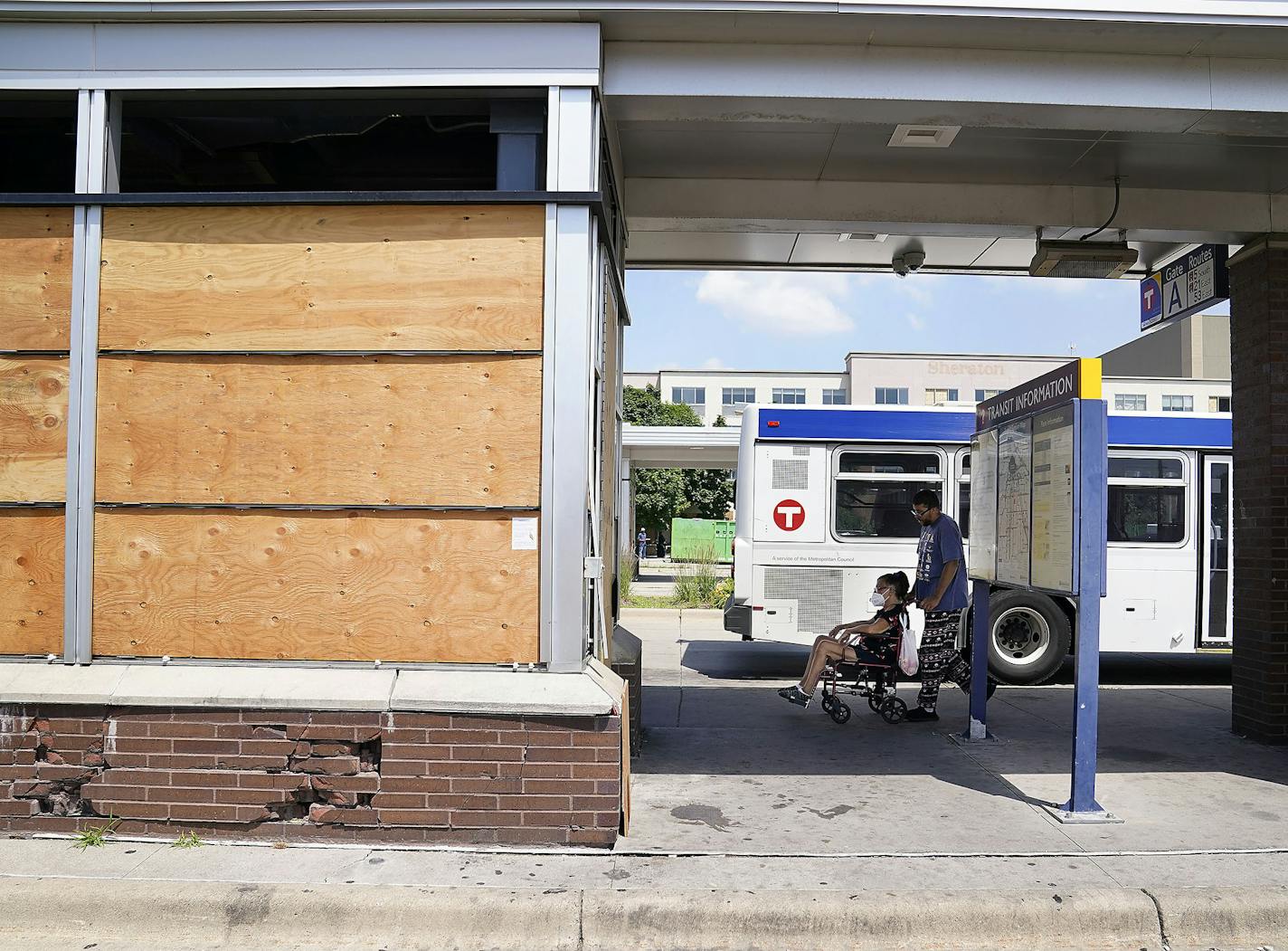 Windows broken out and boarded up following the killing of George Floyd and the unrest that ensued at the Transit Center on Chicago Avenue near Lake St. Thursday in Minneapolis.] DAVID JOLES • david.joles@startribune.com Improvements to bus service along the Twin Cities' busiest transit corridors have stalled as lawmakers try to sort out a bonding bill at the Capitol. The proposed B and D rapid bus projects also travel along areas struggling to recover following the unrest related to George Floy