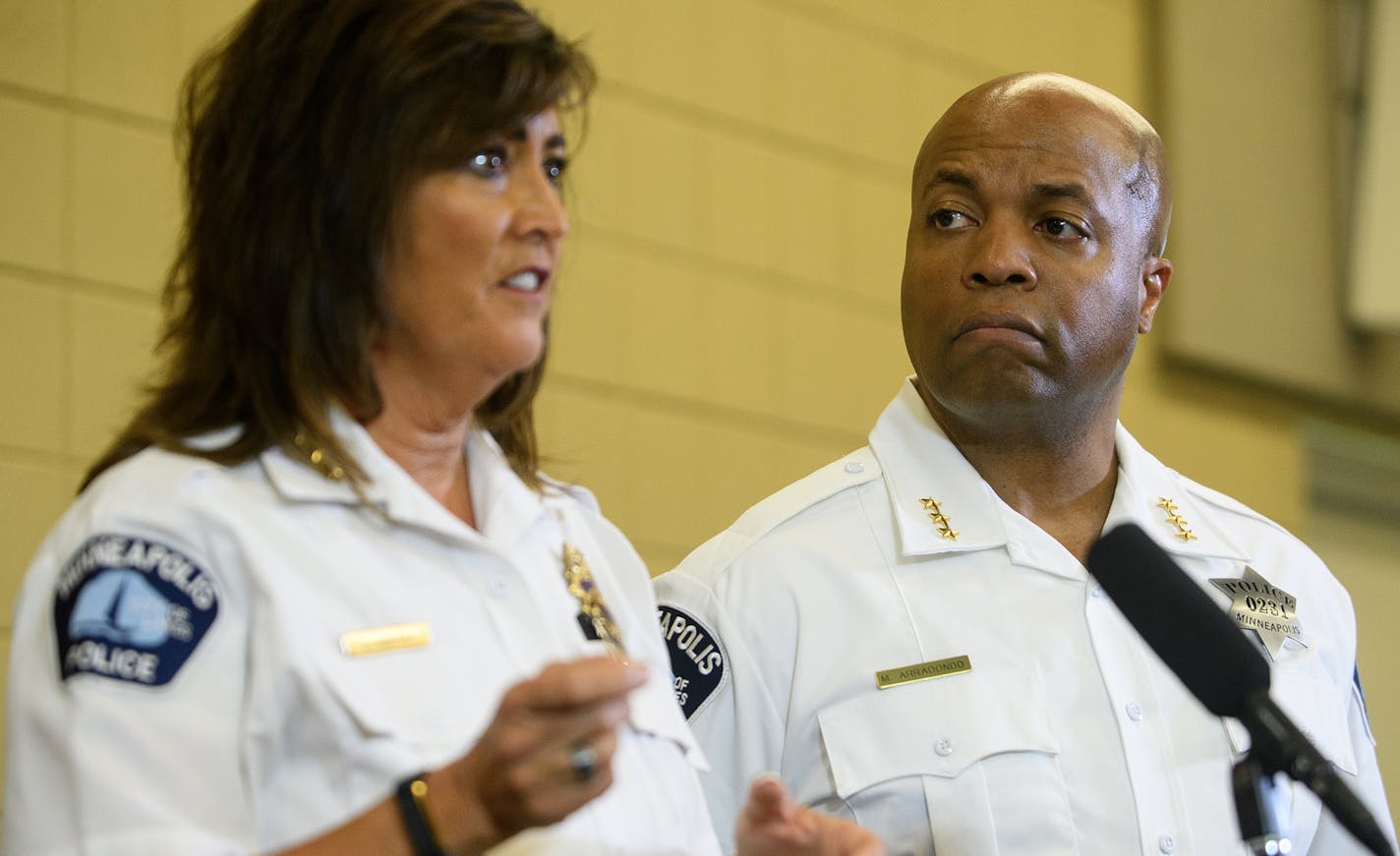 Assistant Chief Medaria Arradondo stood beside Minneapolis Police Chief Janee Harteau as she spoke to the media on Thursday, July 20, 2017 at the Emergency Operations Training Facility in Minneapolis, Minn. ] AARON LAVINSKY &#xef; aaron.lavinsky@startribune.com Minneapolis Police Chief Janee Harteau spoke to the media on Thursday, July 20, 2017 at the Emergency Operations Training Facility in Minneapolis, Minn.