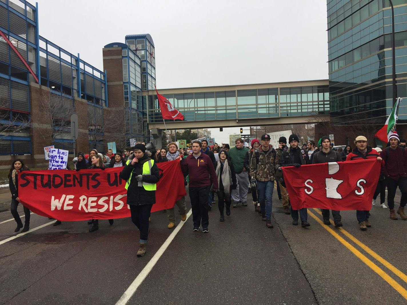 University of Minnesota students marched toward downtown shortly after President Donald Trump's inauguration.