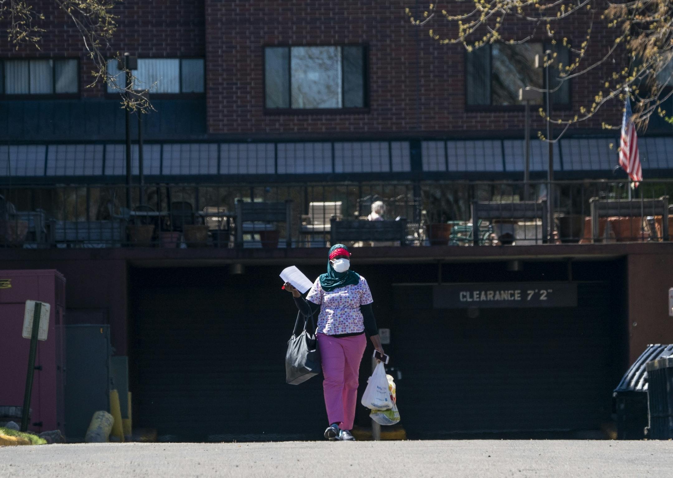 An employee left the grounds during a shift change at St. Therese of New Hope in New Hope, Minn., on Thursday, April 30, 2020.