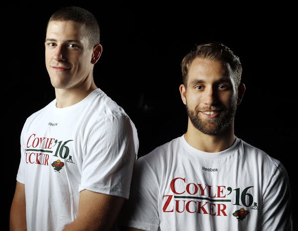 Minnesota Wild players Charlie Coyle left and Jason Zucker Wednesday September 22 ,2016 in St. Paul MN. ] Wild media day. Jerry Holt / jerry. Holt@Sta