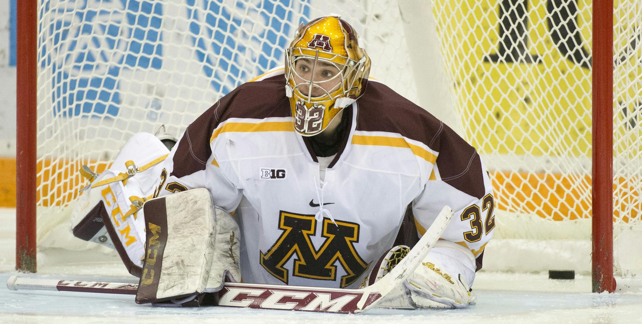 University of Minnesota goalie Adam Wilcox (32) looks on in disappointment after losing to Wisconsin in a shootout on Friday night. ] (Aaron Lavinsky | StarTribune) The University of Minnesota Gophers hockey team plays against the Wisconsin Badgers on Friday, Jan. 16, 2015 at Mariucci Arena.