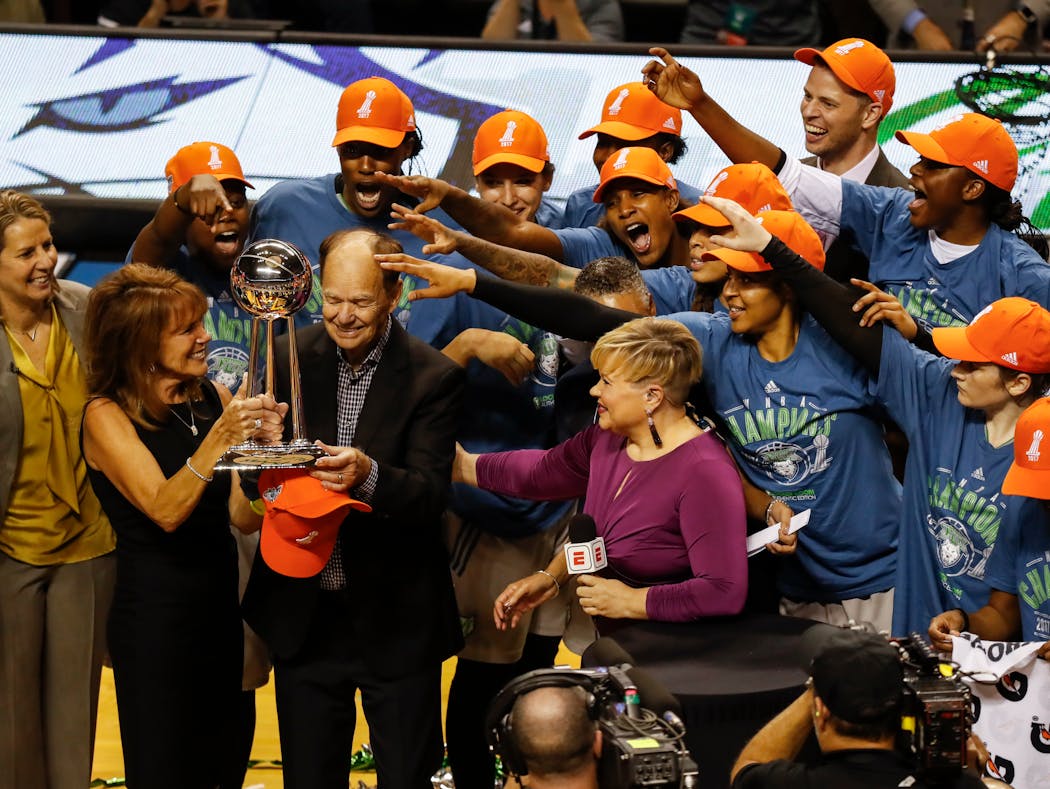 Team owner Glen Taylor accepted the WNBA trophy as Lynx players celebrated their WNBA Finals win at Williams Arena on Oct. 4, 2017, in Minneapolis.