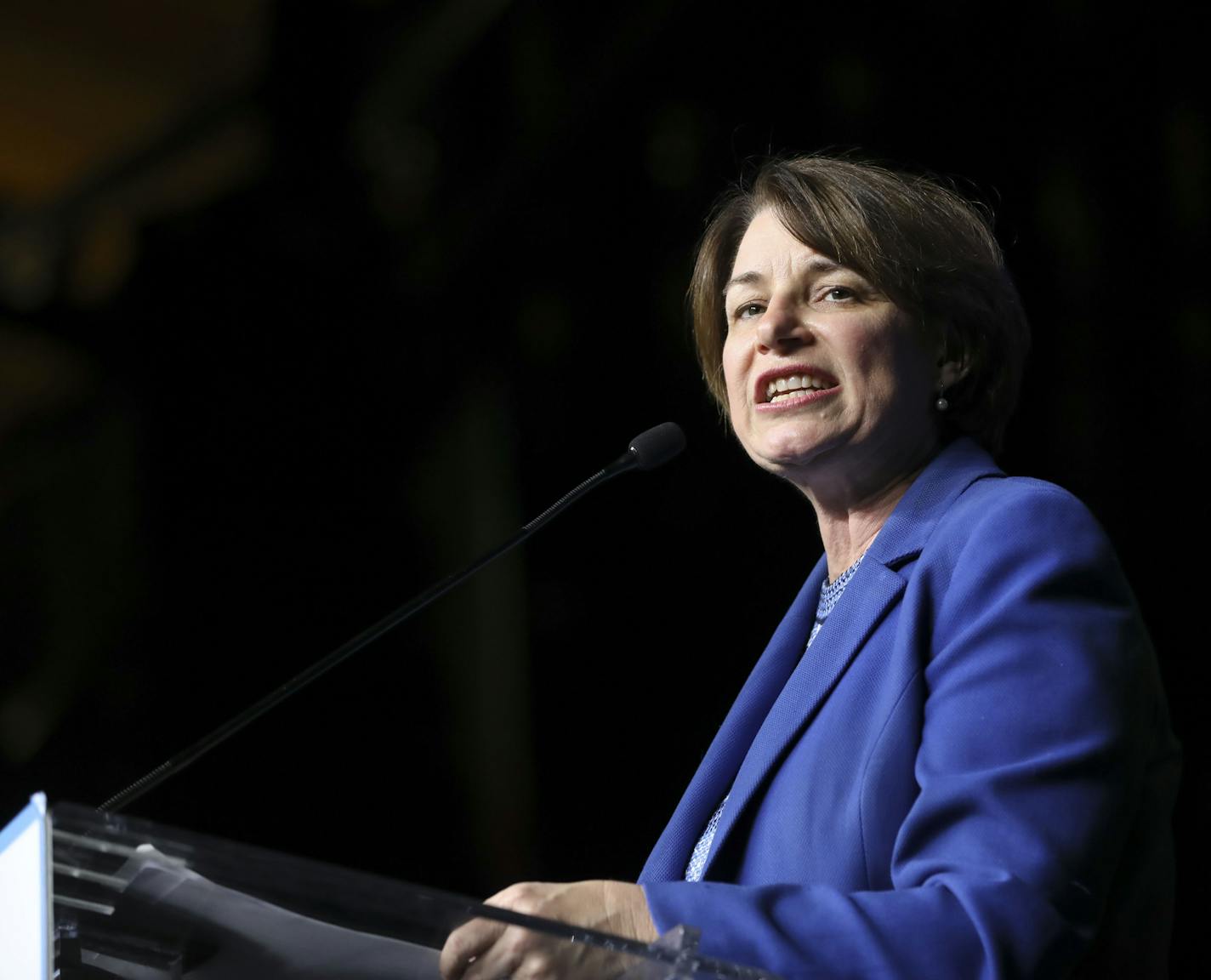 Minnesota Sen. Amy Klobuchar, a candidate for the Democratic presidential nomination, speaks during the Blue Commonwealth Gala, hosted by the Democratic Party of Virginia, Saturday, June 15, 2019, at Main Street Station in Richmond, Va. (Dan Currier/Richmond Times-Dispatch via AP)