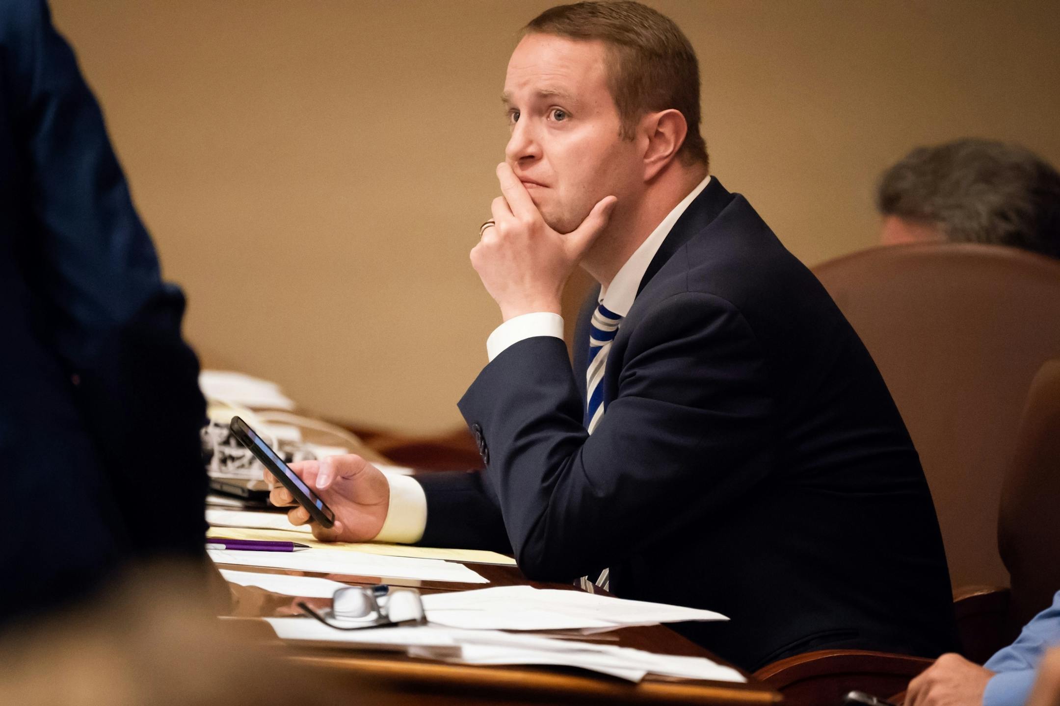 Rep. Nick Zerwas, R-Elk River, listened as legislators argued against his bill that would increase the criminal penalties for obstructing traffic.
