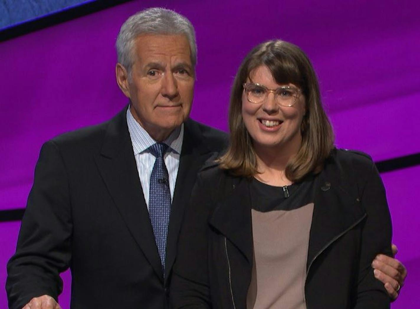 Claudia Hochstein, with Alex Trebek, who is on leave as "Jeopardy!" host because of a serious fall he suffered in October.