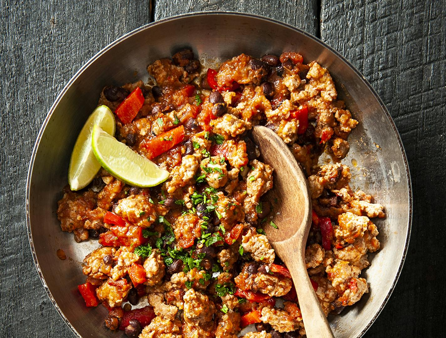 Skillet Turkey Chili is good served over rice or with cornbread.