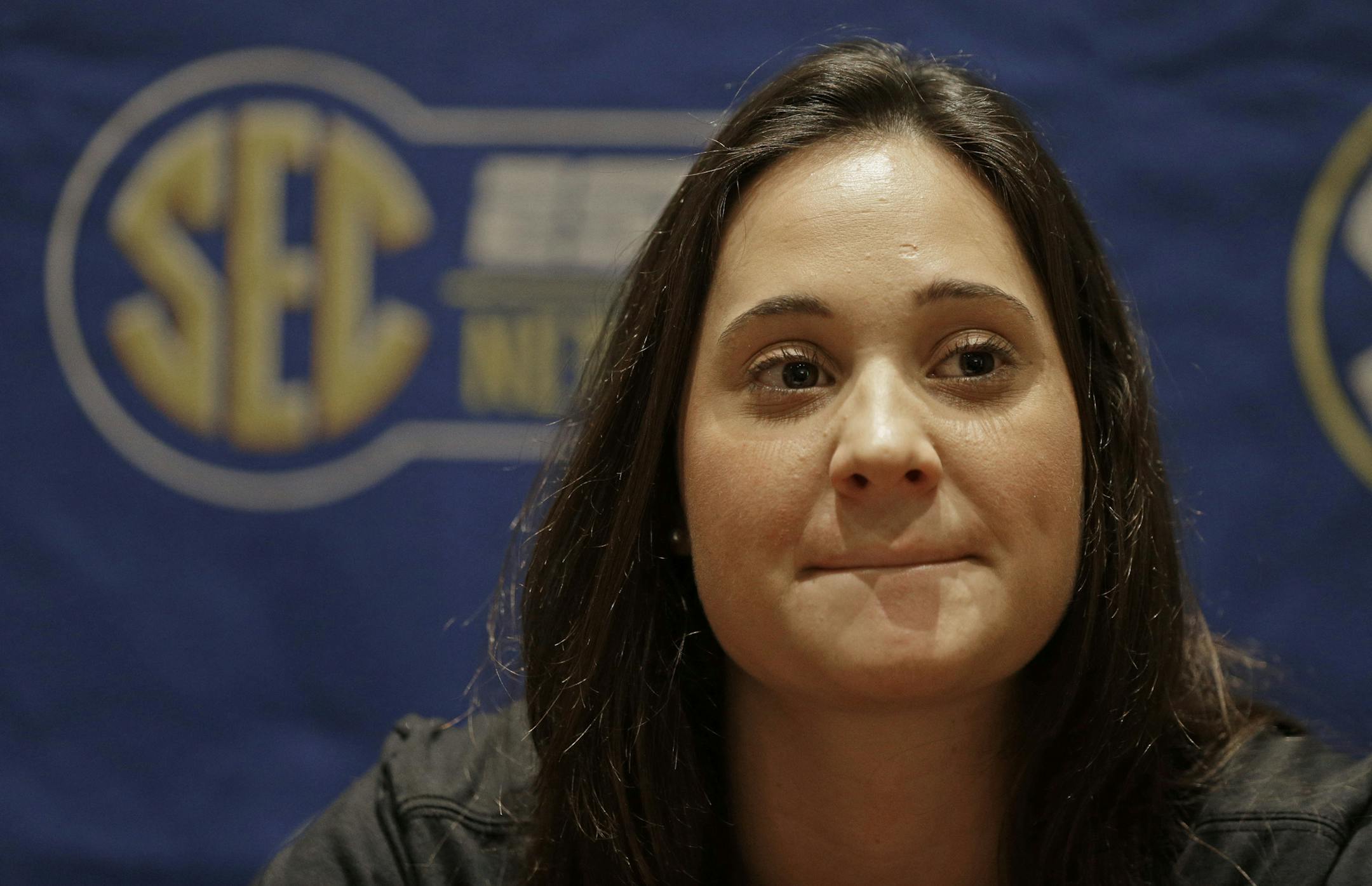 Vanderbilt's Rebekah Dahlman answers a question during a news conference at the Southeastern Conference women's basketball media day in Charlotte, N.C., Tuesday, Oct. 21, 2014. (AP Photo/Chuck Burton) ORG XMIT: MIN2014112819145340