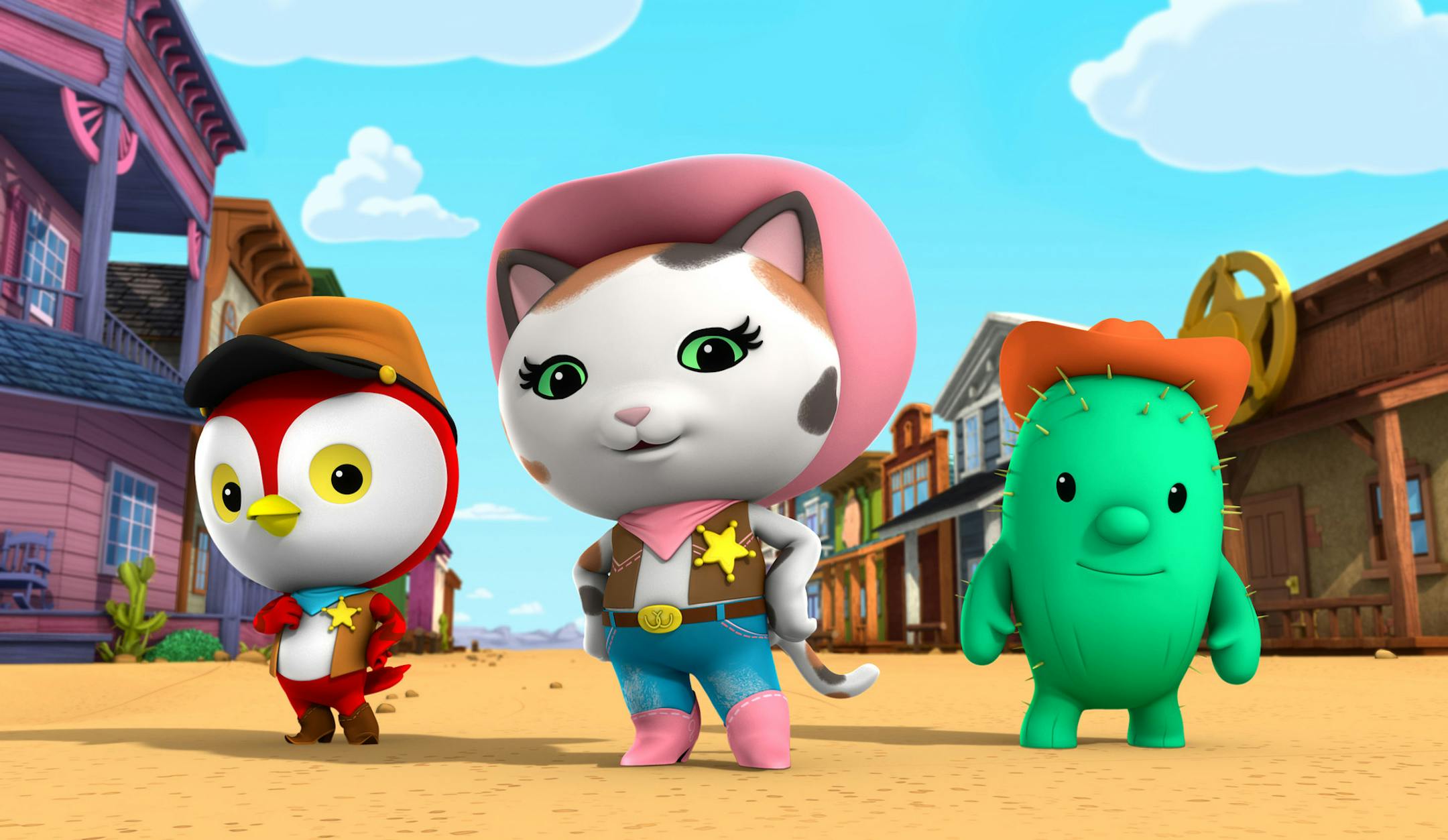 SHERIFF CALLIE'S WILD WEST - The animated series "Sheriff Callie's Wild West," the first western for preschoolers (age 2-7) stars Mandy Moore (Disney's "Tangled") as the voice of Callie, a kitty cat sheriff who, along with her deputy woodpecker Peck and fun-loving cactus sidekick Toby, watch over the frontier town of Nice and Friendly Corners, ensuring that it remains the friendliest town in the West. (DISNEY JUNIOR) PECK, CALLIE, TOBY