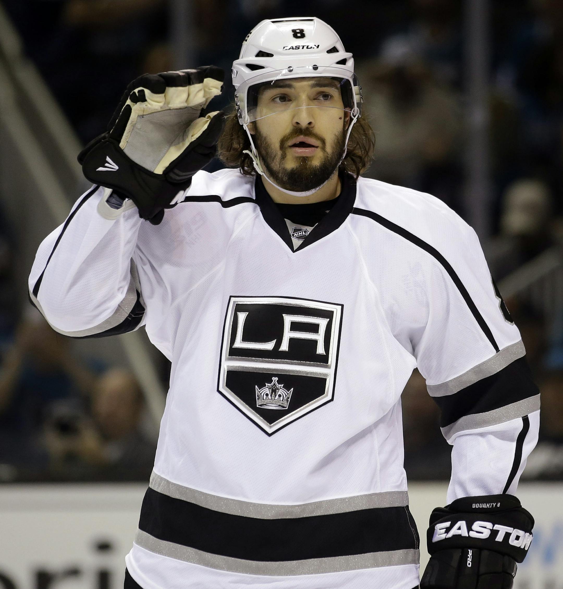 Los Angeles Kings' Drew Doughty (8) during the first period of Game 3 of an NHL hockey first-round Stanley Cup playoff series against the San Jose Sharks Monday, April 18, 2016, in San Jose, Calif. (AP Photo/Marcio Jose Sanchez) ORG XMIT: SJA404