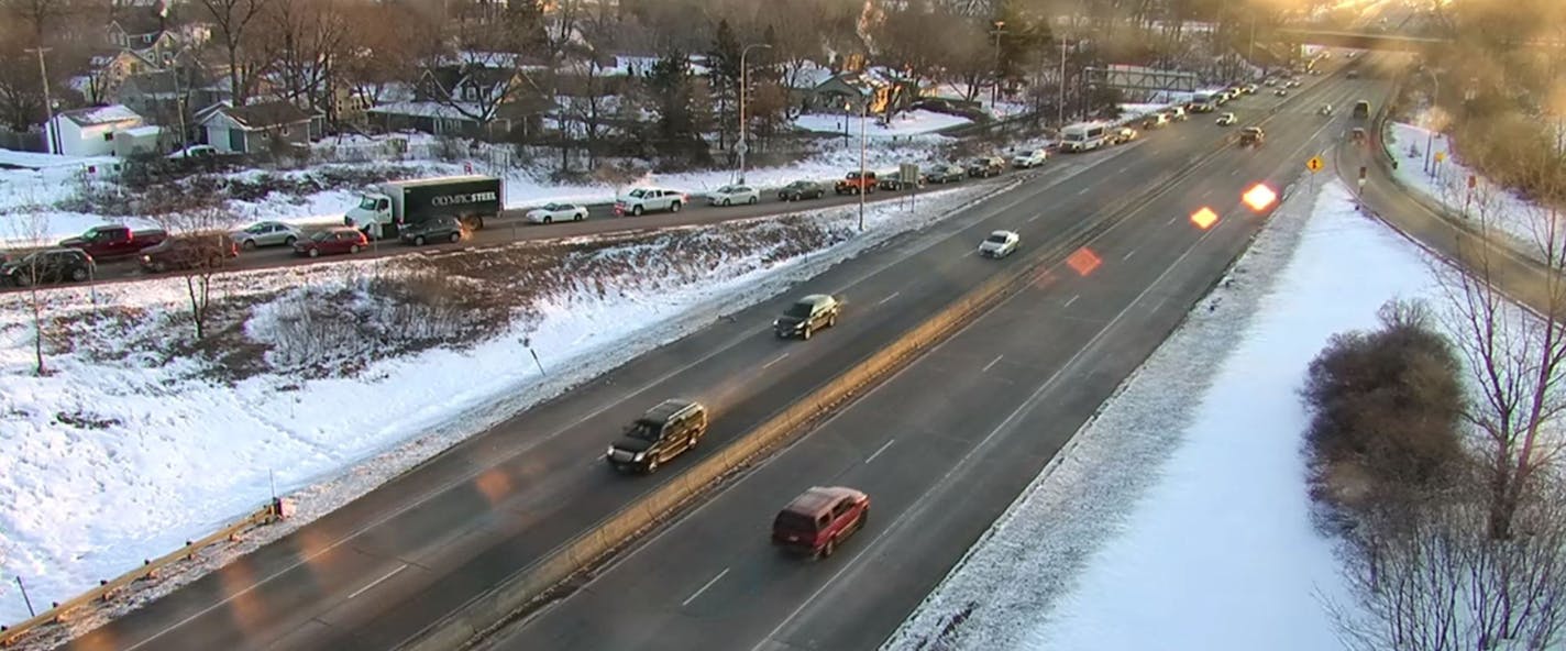 Traffic backs up on the ramp from westbound Hwy. 10 to Ferry Street in Anoka.