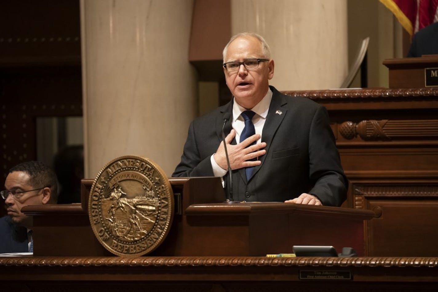 Governor Tim Walz spoke about his friend's death during the State of the State Address at the State Capitol in St. Paul, Minn., on Wednesday, April 3, 2019.