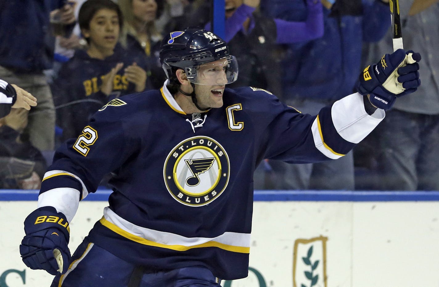 St. Louis Blues' David Backes celebrates after scoring during the second period of an NHL hockey game against the Carolina Hurricanes Saturday, Nov. 16, 2013, in St. Louis. (AP Photo/Jeff Roberson)