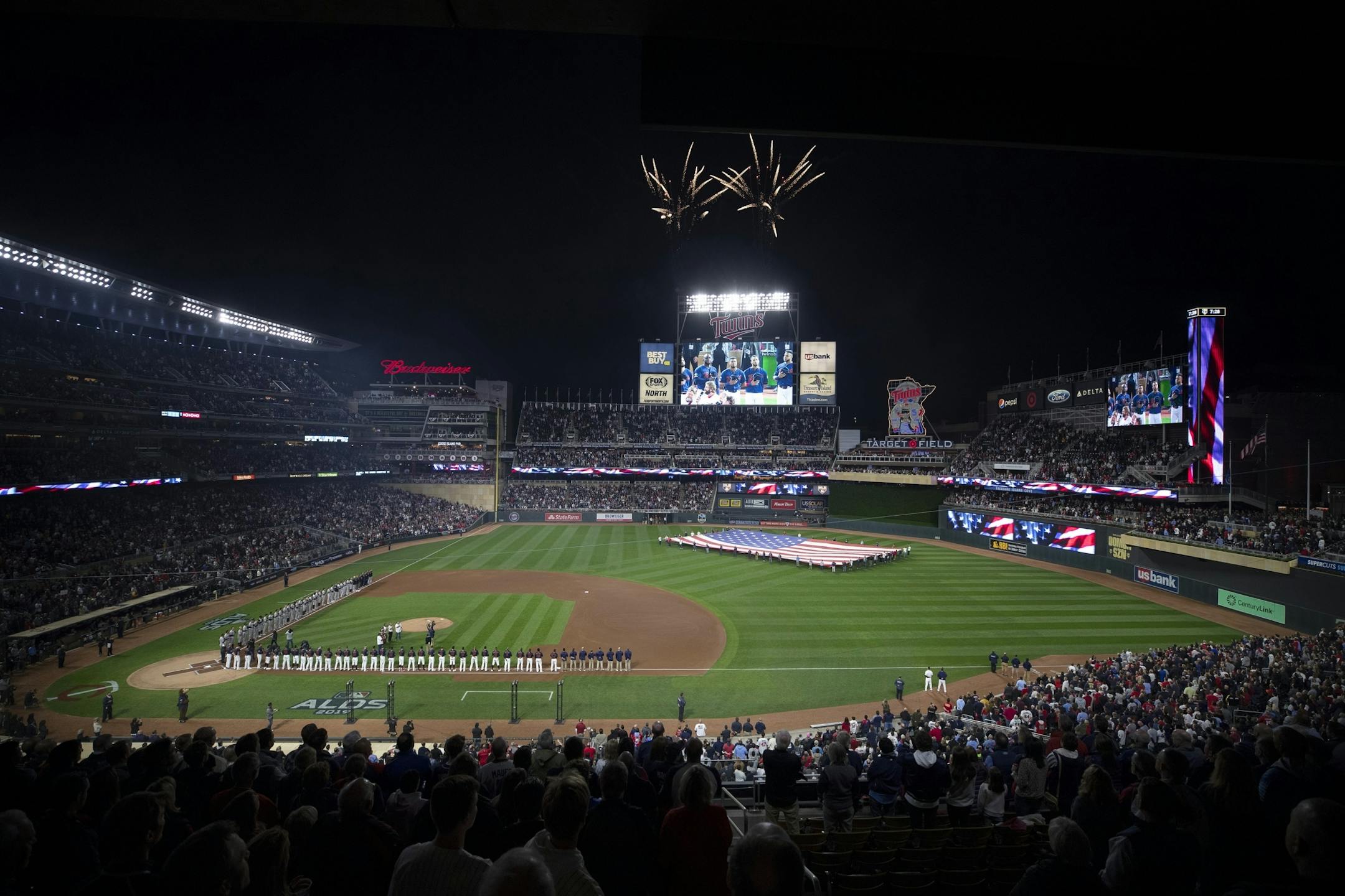 The national anthem was played during the third game of the ALDS playoffs at Target Field.