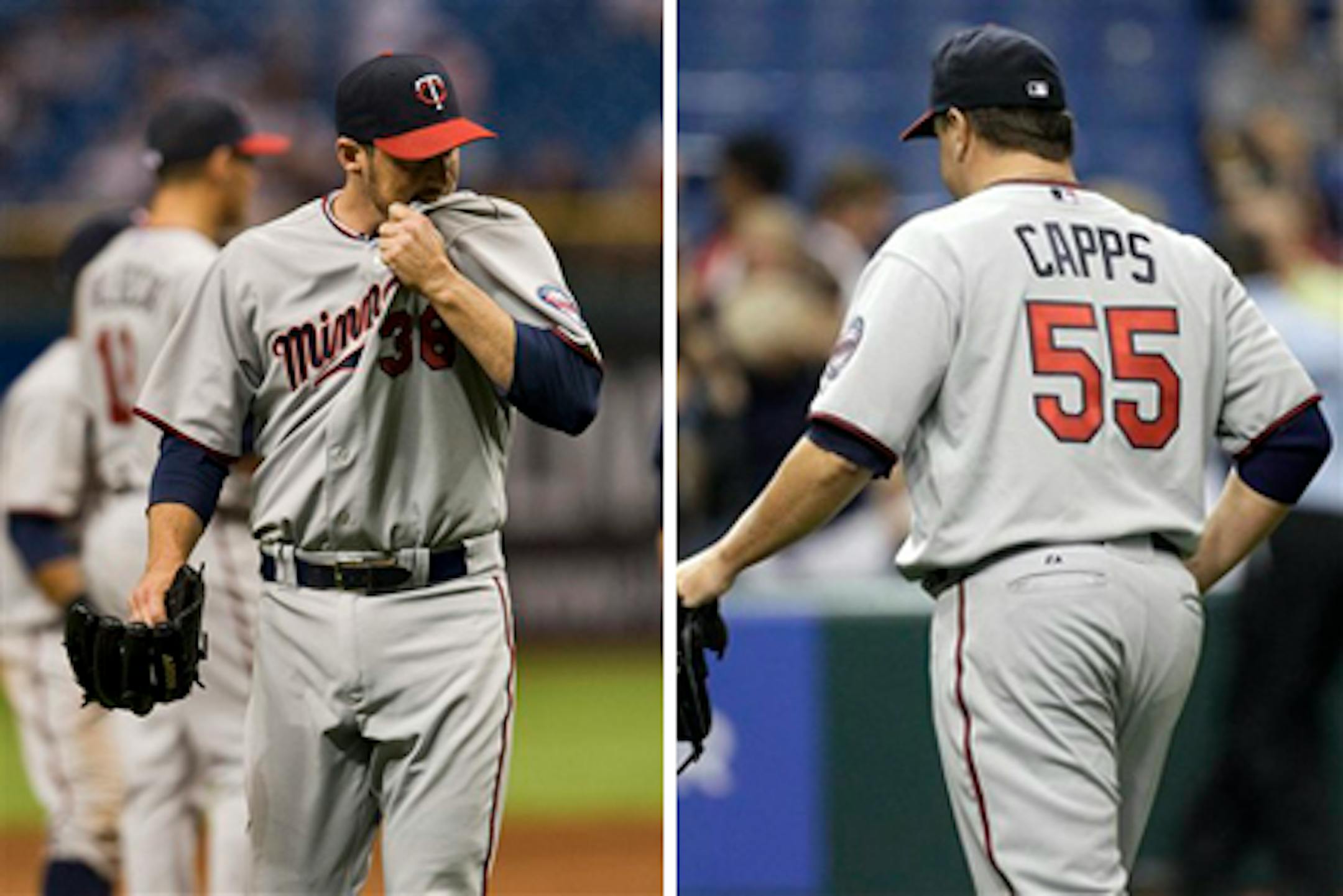 Minnesota Twins closer Joe Nathan yells into his shirt after he was pulled during the ninth inning of a baseball game against the Tampa Bay Rays, Saturday, April 16, 2011, in St. Petersburg, Fla. The Rays defeated the Twins 4-3. (AP Photo/Steve Nesius)