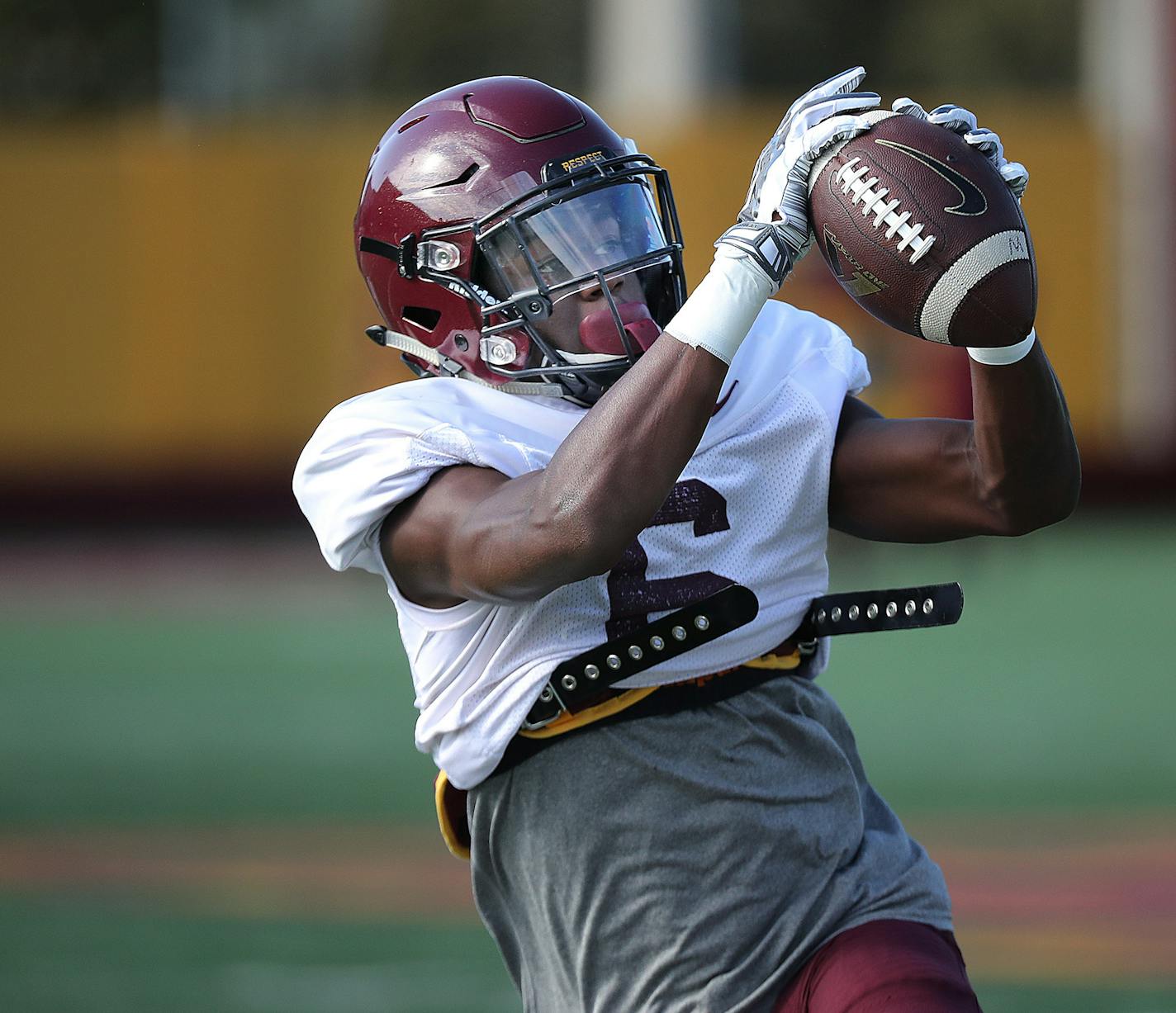 Gophers wide receiver Tyler Johnson made a grab at practice, Tuesday, September 20, 2016 at the U of M in Minneapolis, MN. ] (ELIZABETH FLORES/STAR TRIBUNE) ELIZABETH FLORES &#x2022; eflores@startribune.com