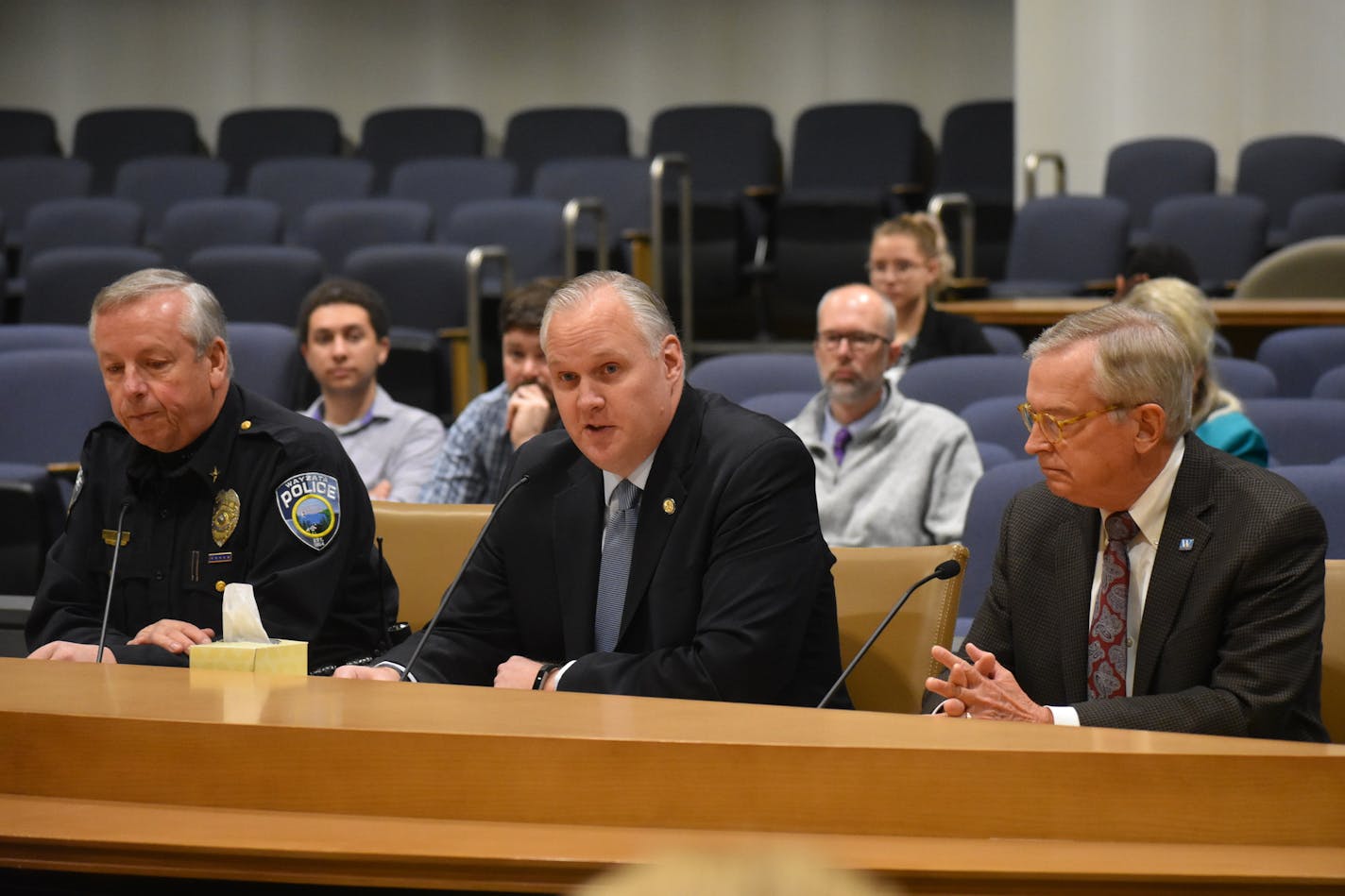 From left: Wayzata police chief Michael Risvold, Sen. Paul Anderson and Wayzata Mayor Ken Willcox testify about a bill naming a stretch of Highway 12 within Wayzata City Limits as Officer Bill Matthews Memorial Highway. Matthews was struck and killed by an impaired and distracted driver while responding to a 911 call to clear debris from Highway 12 in Wayzata on September 8, 2017. (Submitted photo)