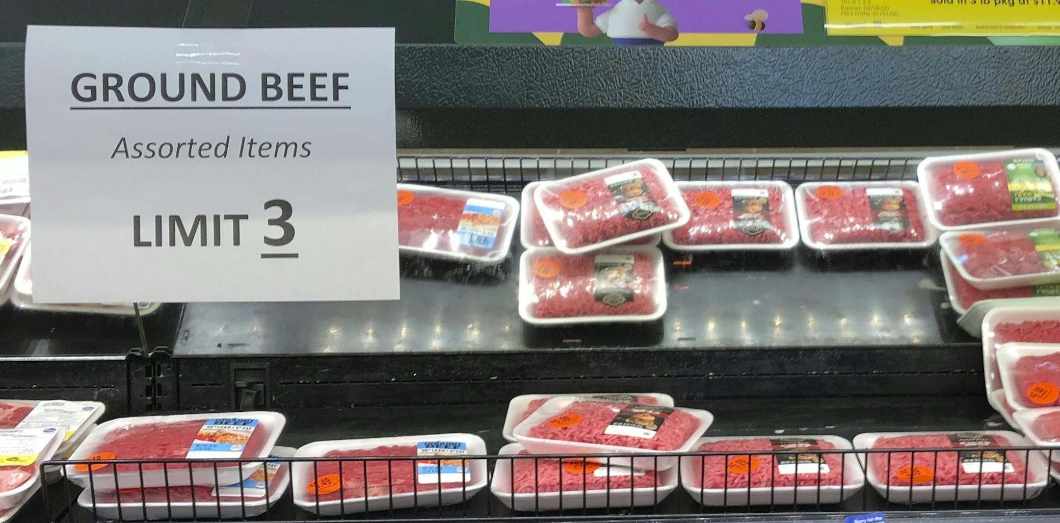 A sign at a Kroger store in Atlanta limits shoppers to three packages of ground beef on Tuesday, May 5, 2020. Kroger is limiting meat purchases, like a number of other grocery retailers, due to supply concerns amid the COVID-19 pandemic. (AP Photo/Jeff Amy)