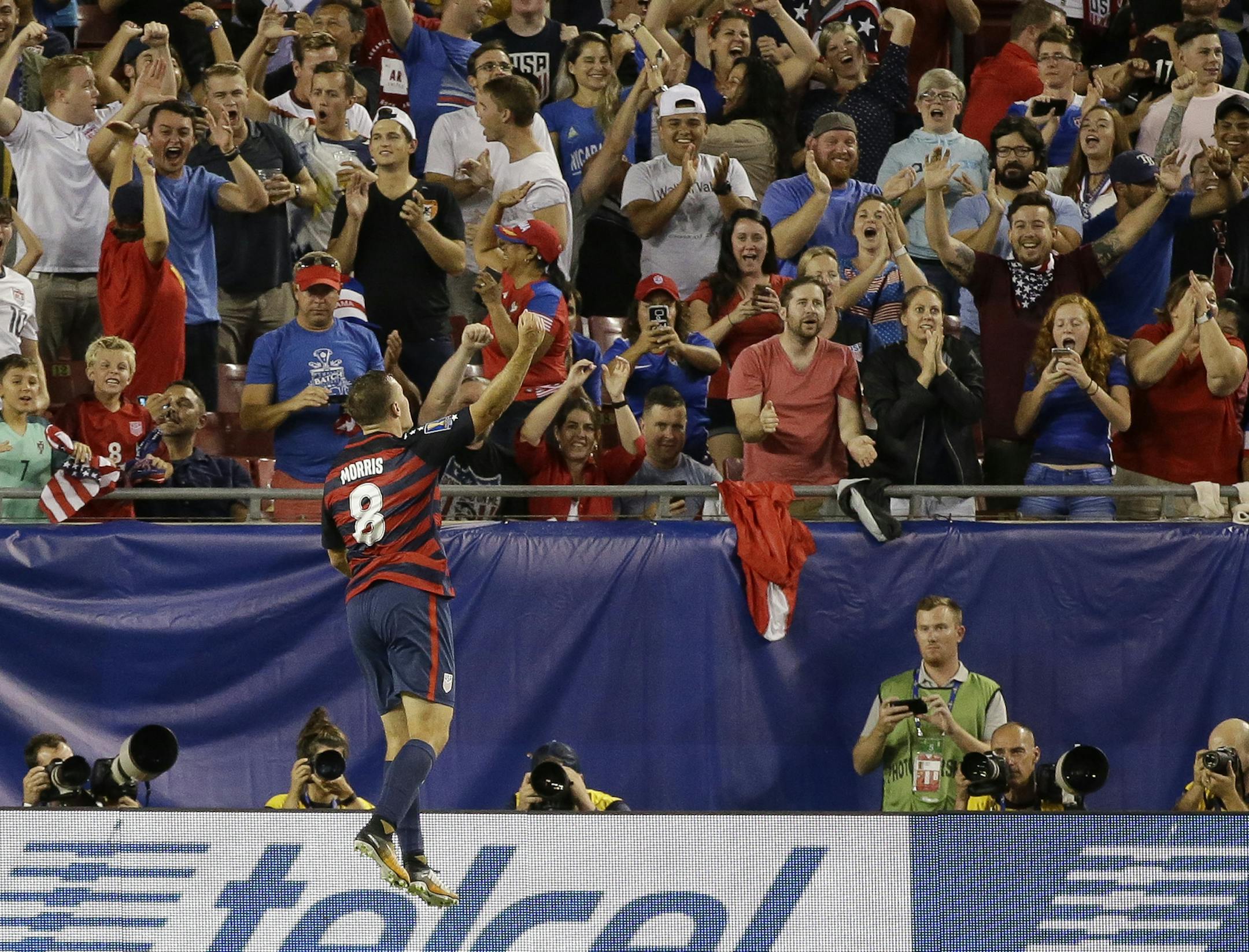 United States' Jordan Morris (8) celebrates his second goal against Martinique in front of fans during a CONCACAF Gold Cup soccer match, Wednesday, July 12, 2017, in Tampa, Fla. United States won 3-2. (AP Photo/John Raoux) ORG XMIT: MIN2017071222431739
