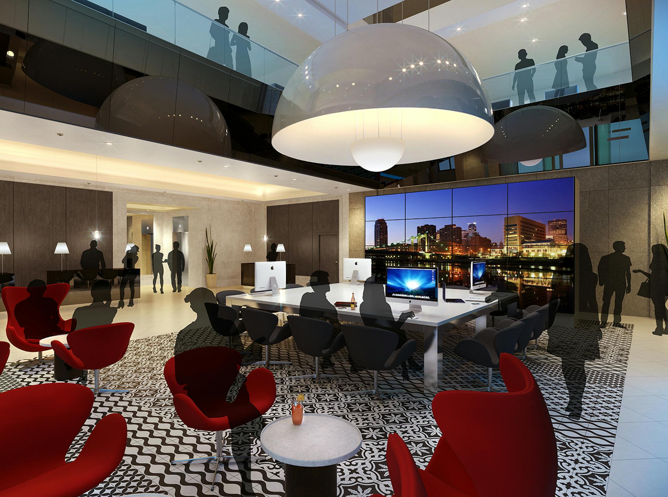 Rendering of the lobby of new downtown Radisson Hotel with an atrium that goes up 16 story high.