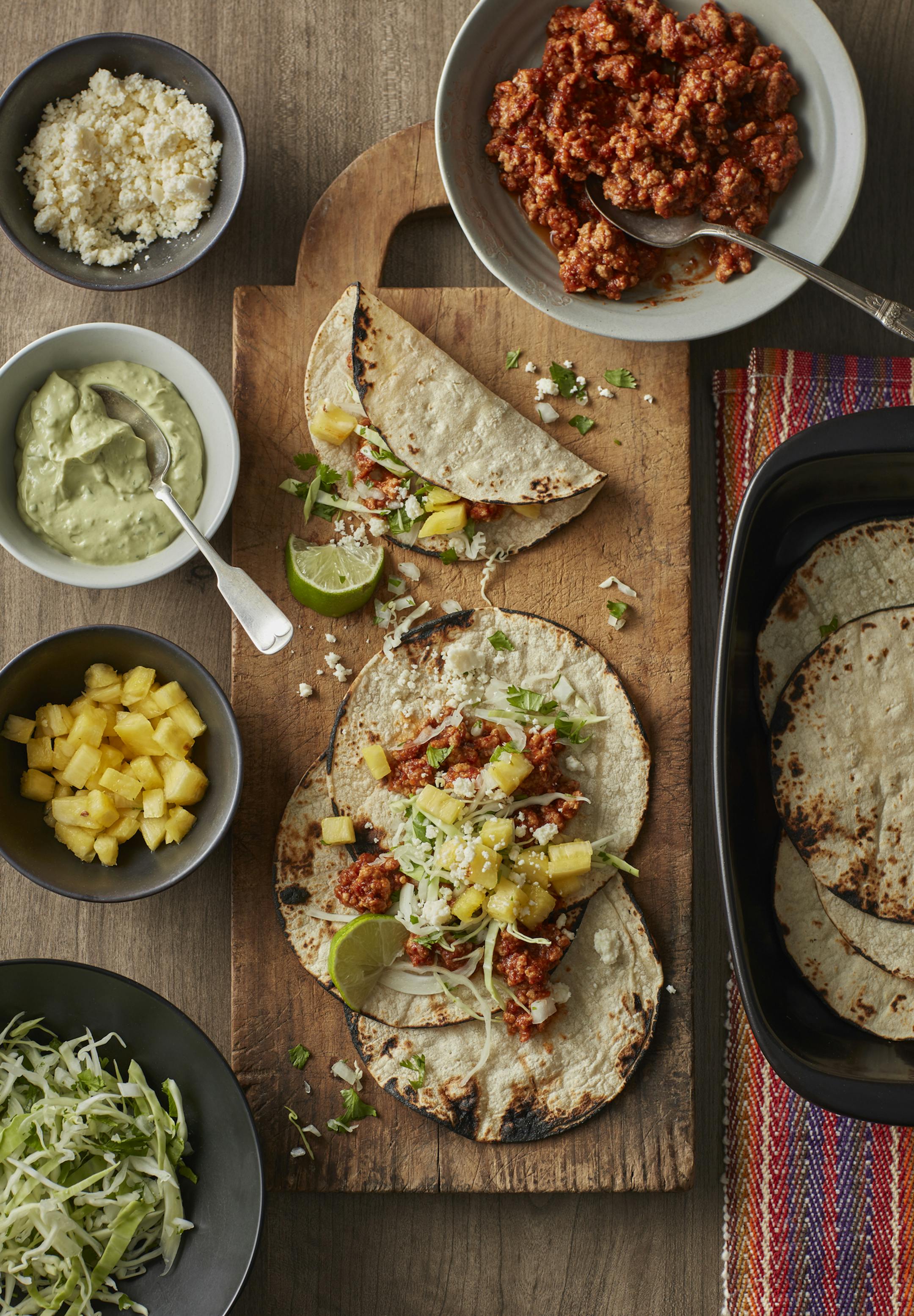 Ground Pork Al Pastor-Style Tacos With Spicy Avocado Crema